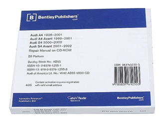 AU8054000 Robert Bentley Repair Manuals - DVD Rom Versions; 1996-2001 Audi A4 & A4 Quattro plus S4 models thru 2002; OE Factory Authorized; eBahn 3.0